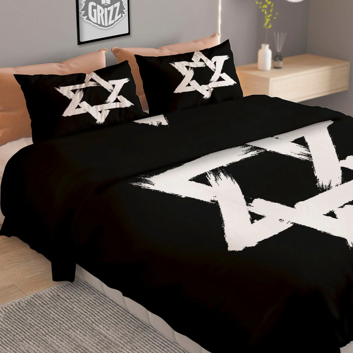 Black And White Star of David Print Duvet Cover Bedding Set - Image 2