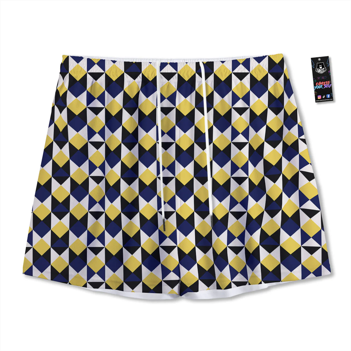Black Argyle And Blue Yellow Print Pattern Mesh Shorts