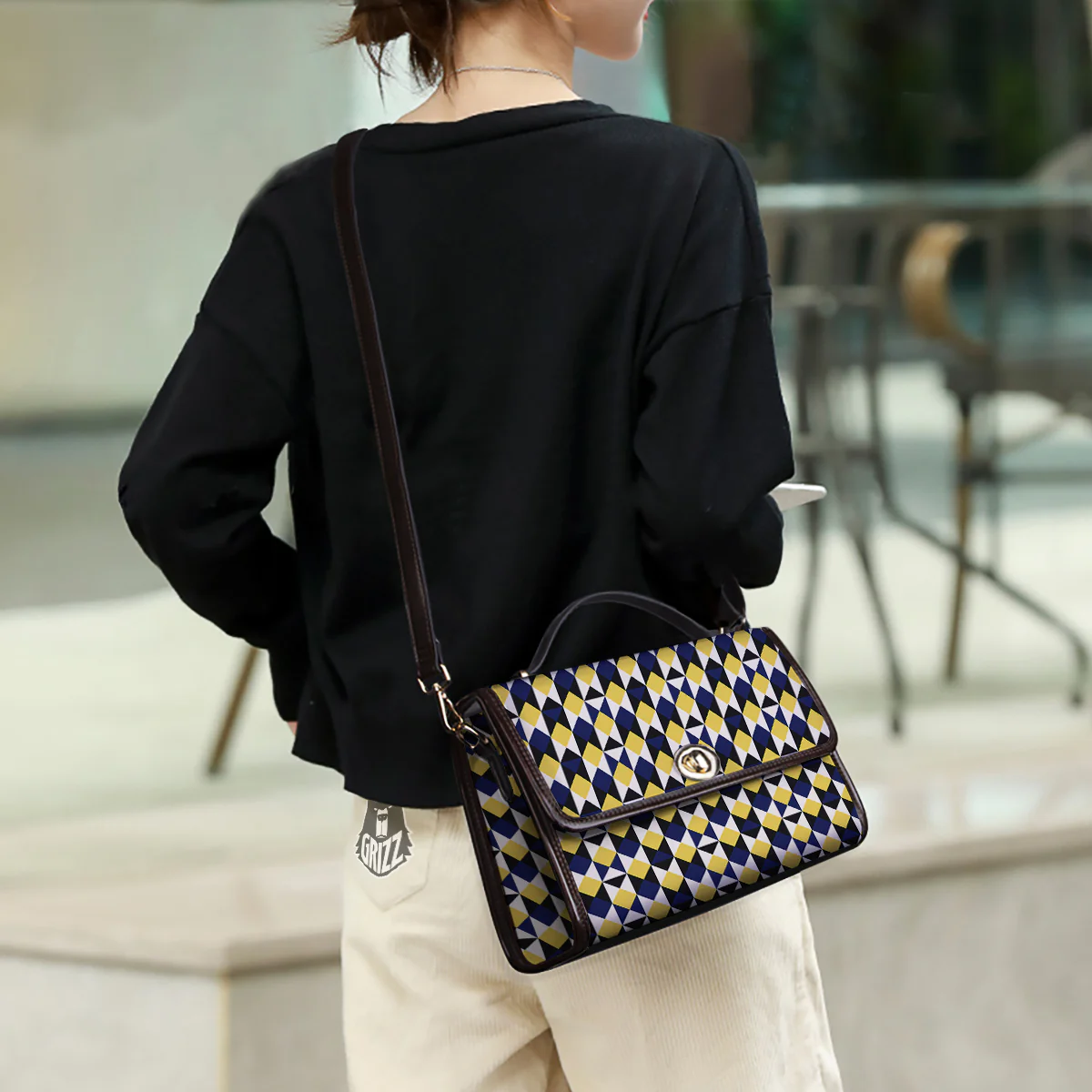 Black Argyle And Blue Yellow Print Pattern Women's Satchel Bag - Image 3