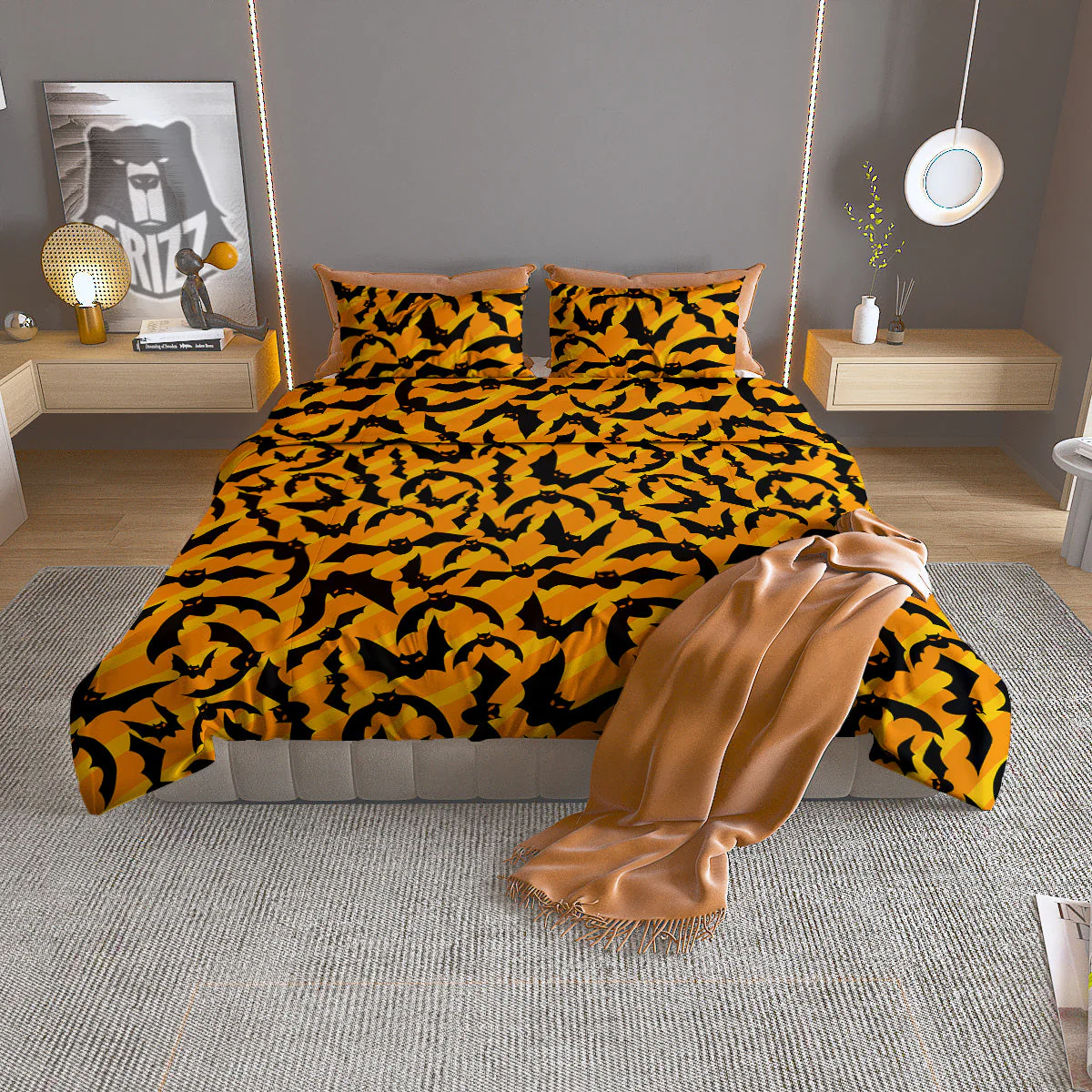 Black Bat And Orange Striped Print Pattern Duvet Cover Bedding Set