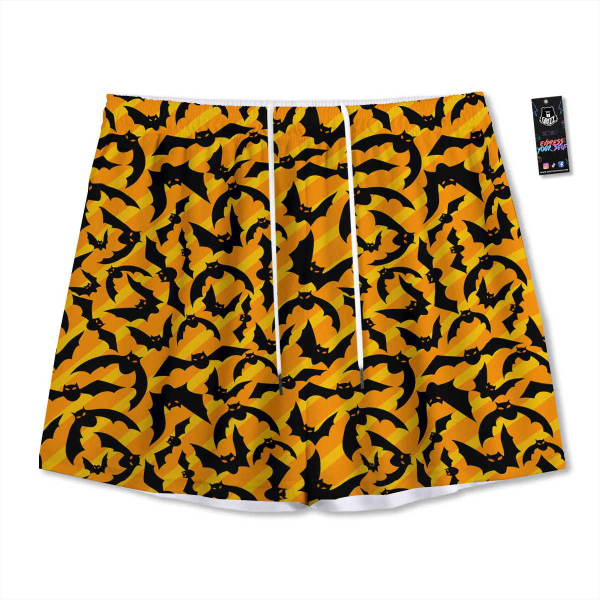 Black Bat And Orange Striped Print Pattern Mesh Shorts