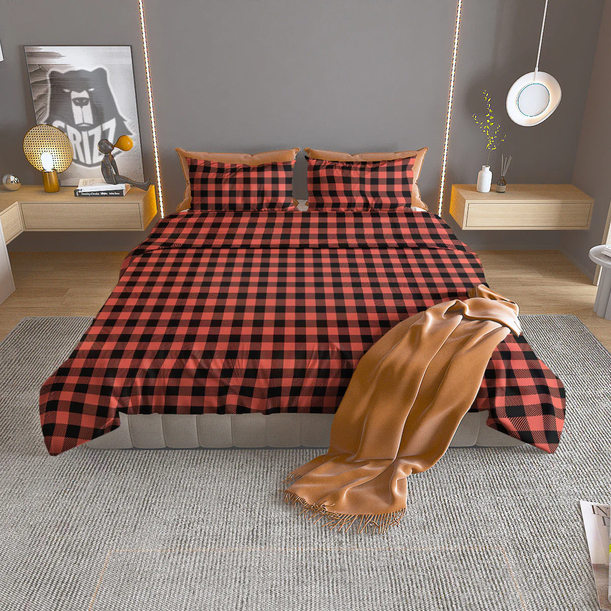 Black Buffalo Check And Coral Pink Print Duvet Cover Bedding Set