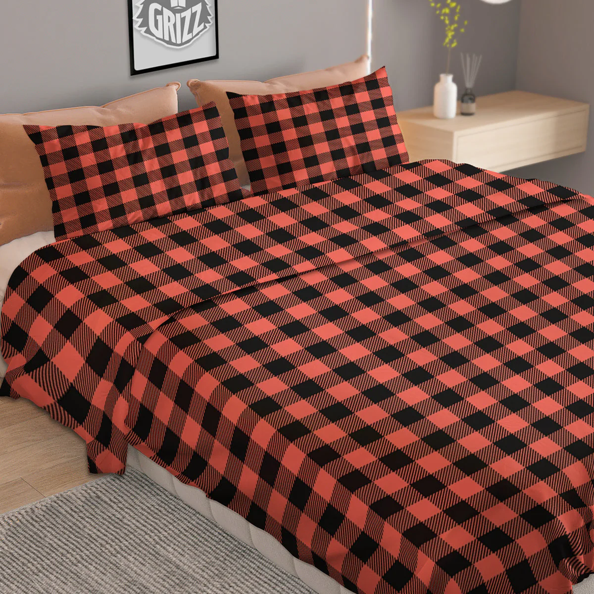 Black Buffalo Check And Coral Pink Print Duvet Cover Bedding Set - Image 2