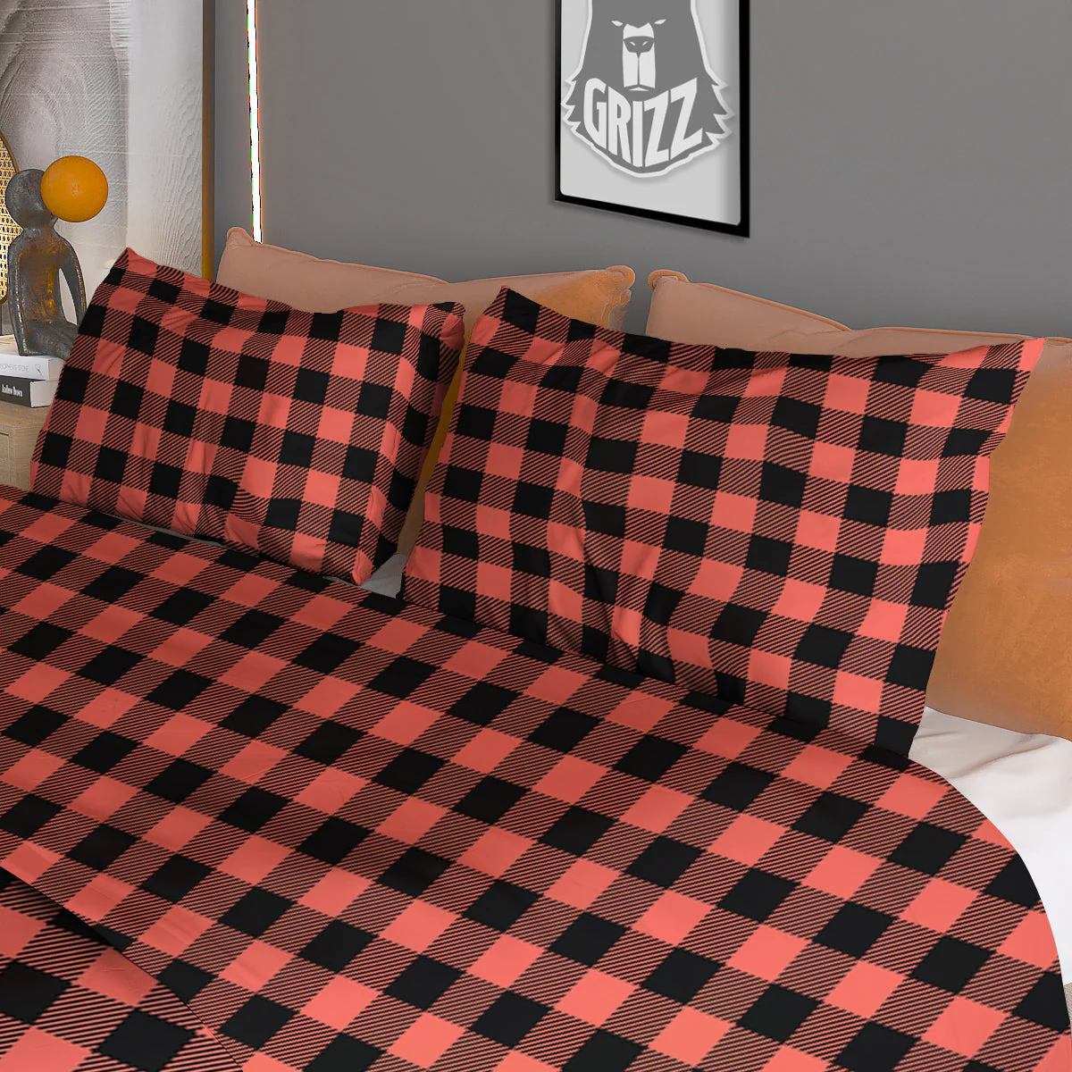 Black Buffalo Check And Coral Pink Print Duvet Cover Bedding Set - Image 3