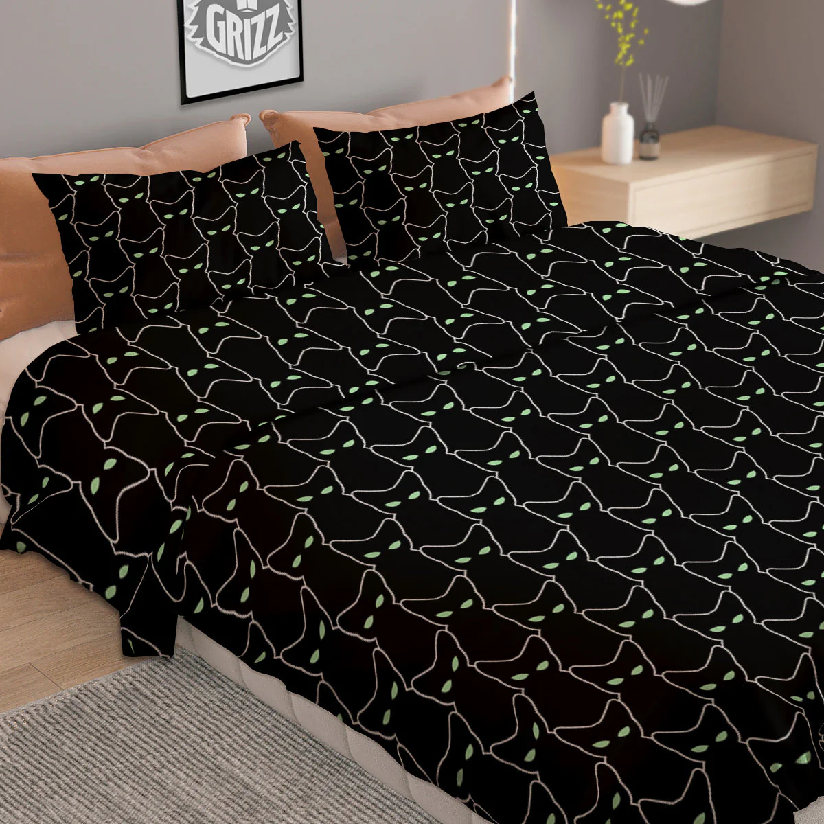Black Cat Alien Print Pattern Duvet Cover Bedding Set - Image 2