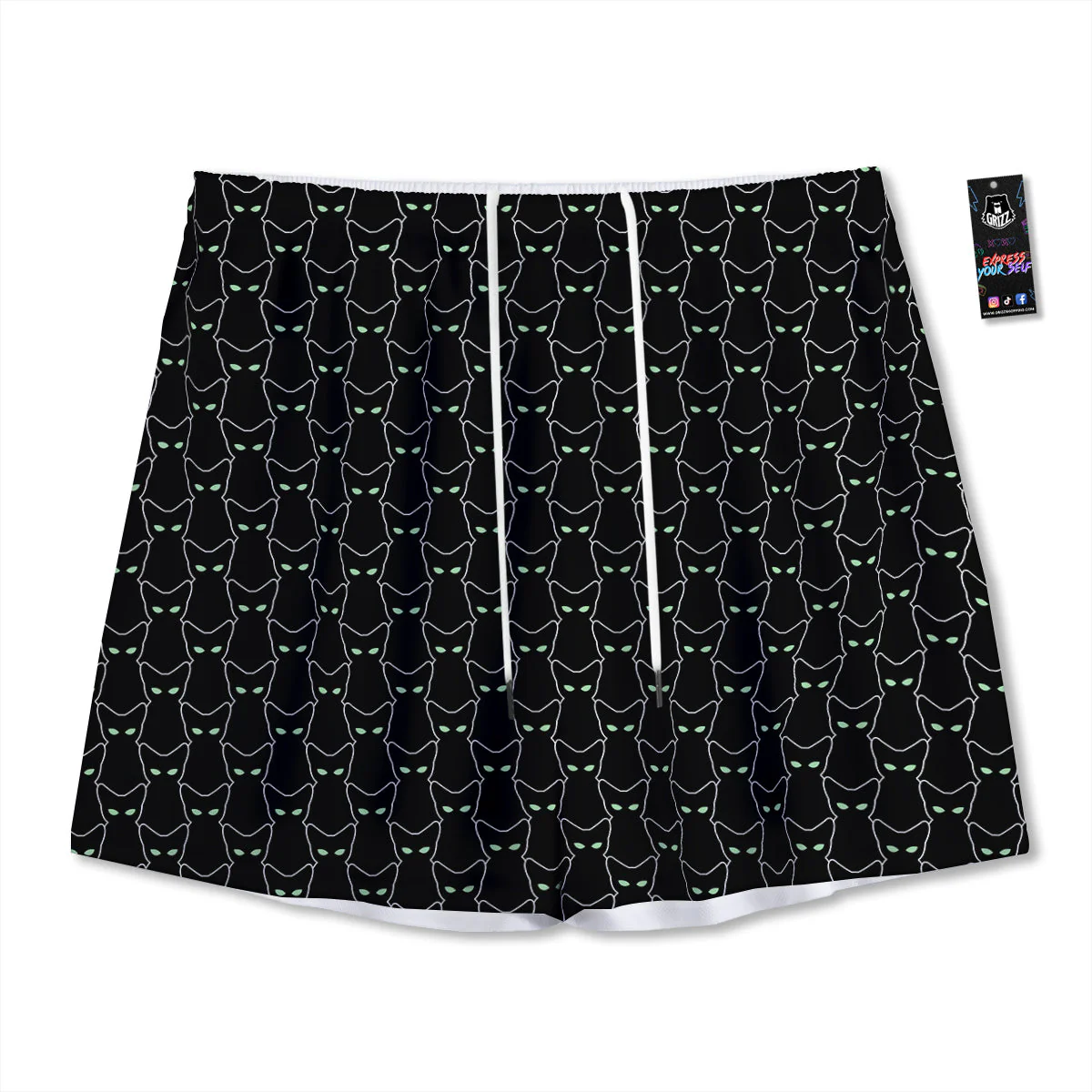 Black Cat Alien Print Pattern Mesh Shorts