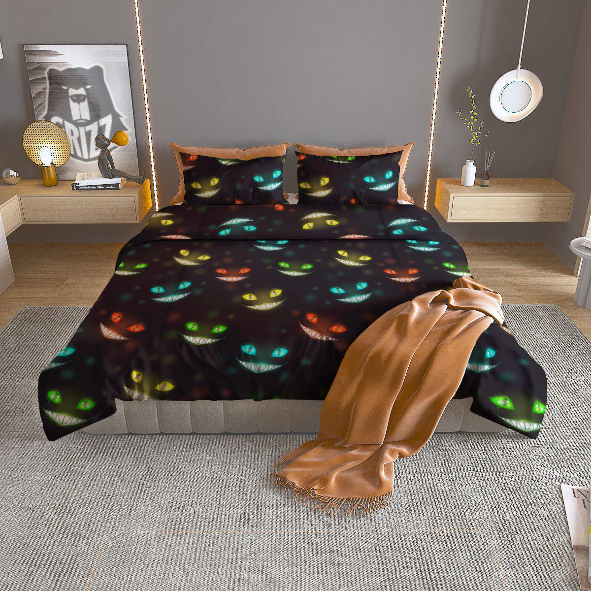 Black Cheshire Cat Print Pattern Duvet Cover Bedding Set