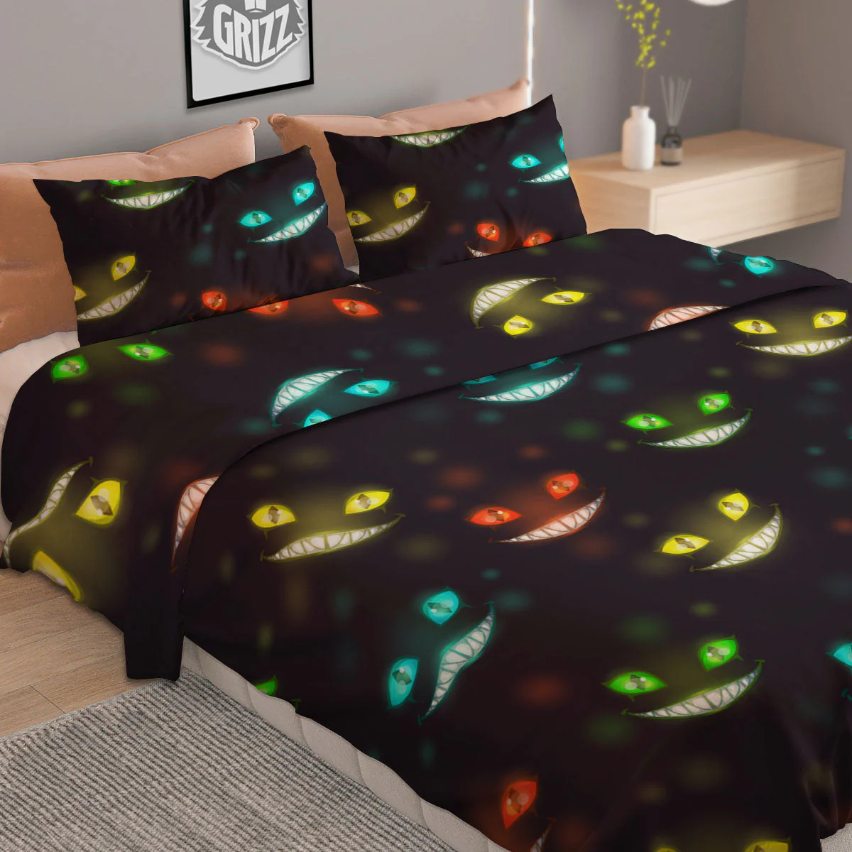 Black Cheshire Cat Print Pattern Duvet Cover Bedding Set - Image 2