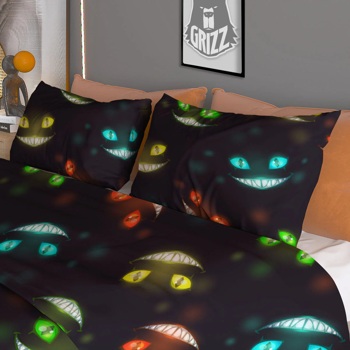Black Cheshire Cat Print Pattern Duvet Cover Bedding Set - Image 3