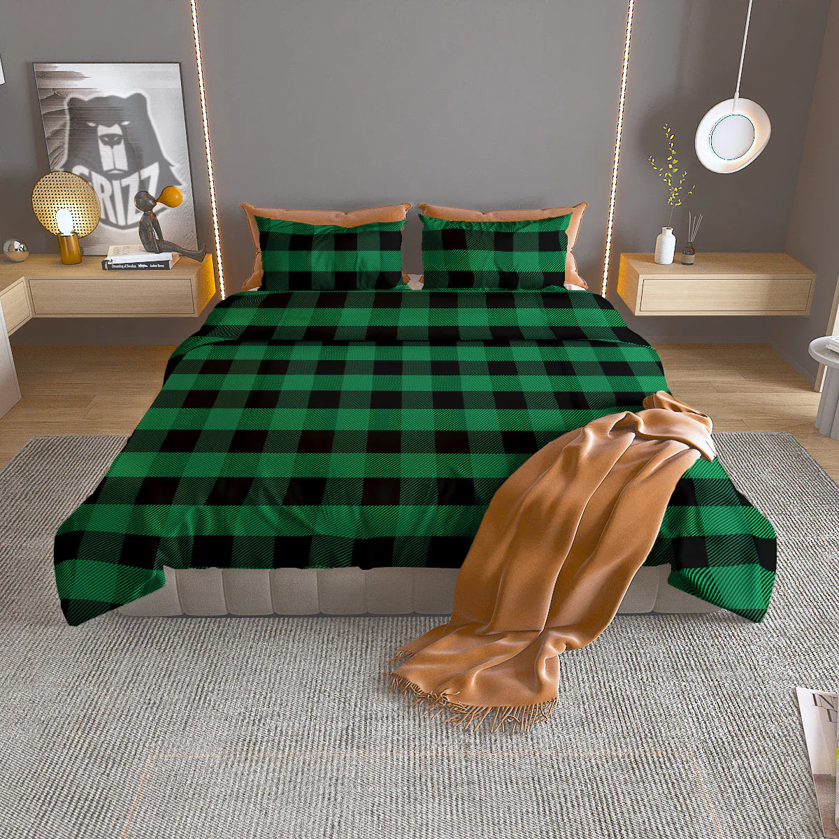 Black Green Buffalo Check And UFO Print Pattern Duvet Cover Bedding Set