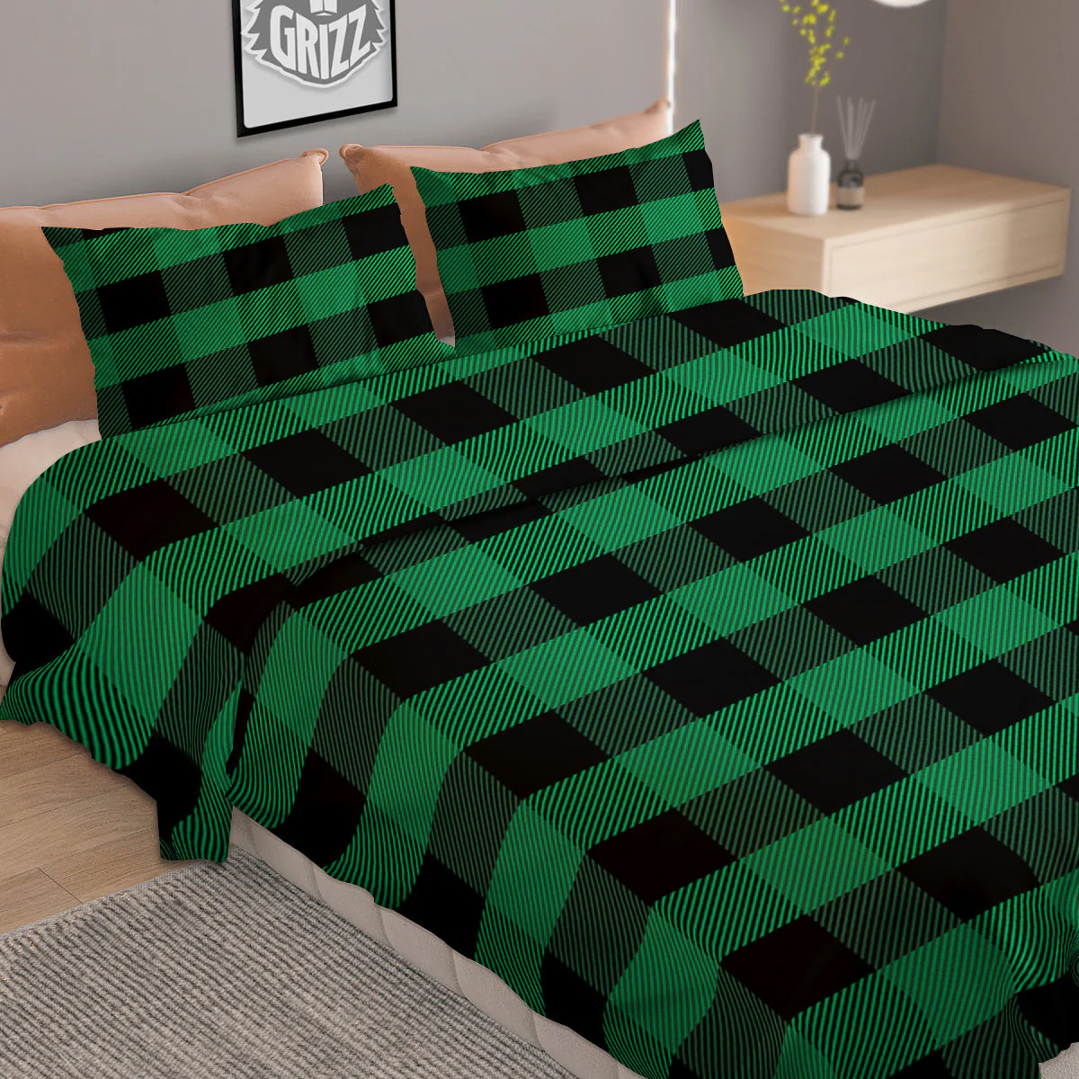Black Green Buffalo Check And UFO Print Pattern Duvet Cover Bedding Set - Image 2