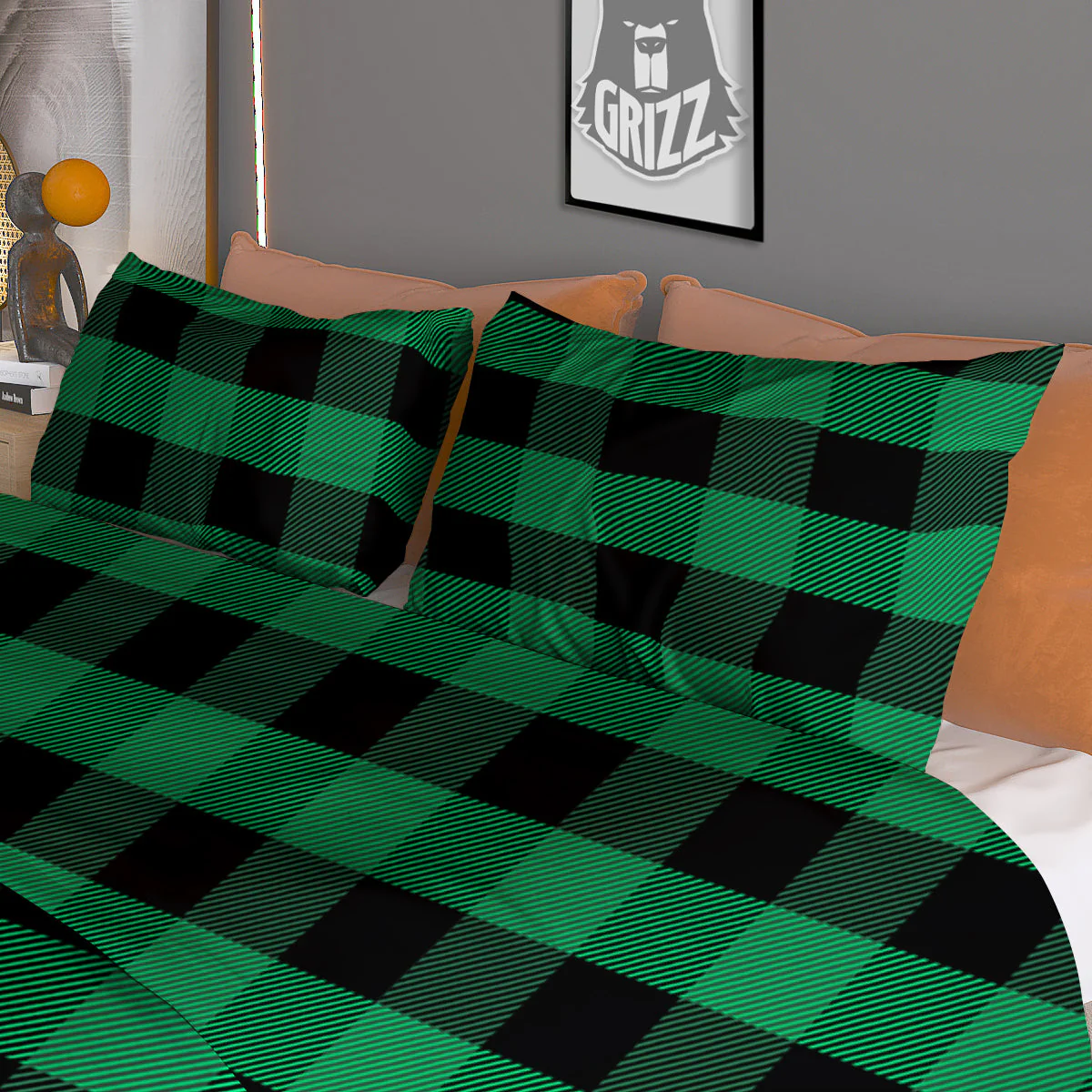 Black Green Buffalo Check And UFO Print Pattern Duvet Cover Bedding Set - Image 3