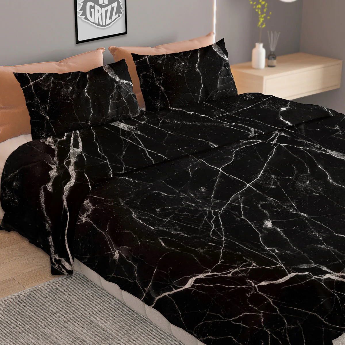 Black Marble White Grunge Print Duvet Cover Bedding Set - Image 2