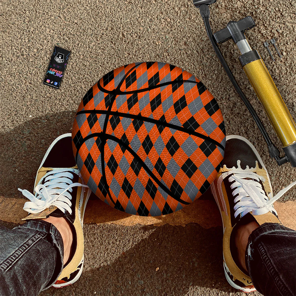 Black Orange And Grey Argyle Print Pattern Basketball - Image 2