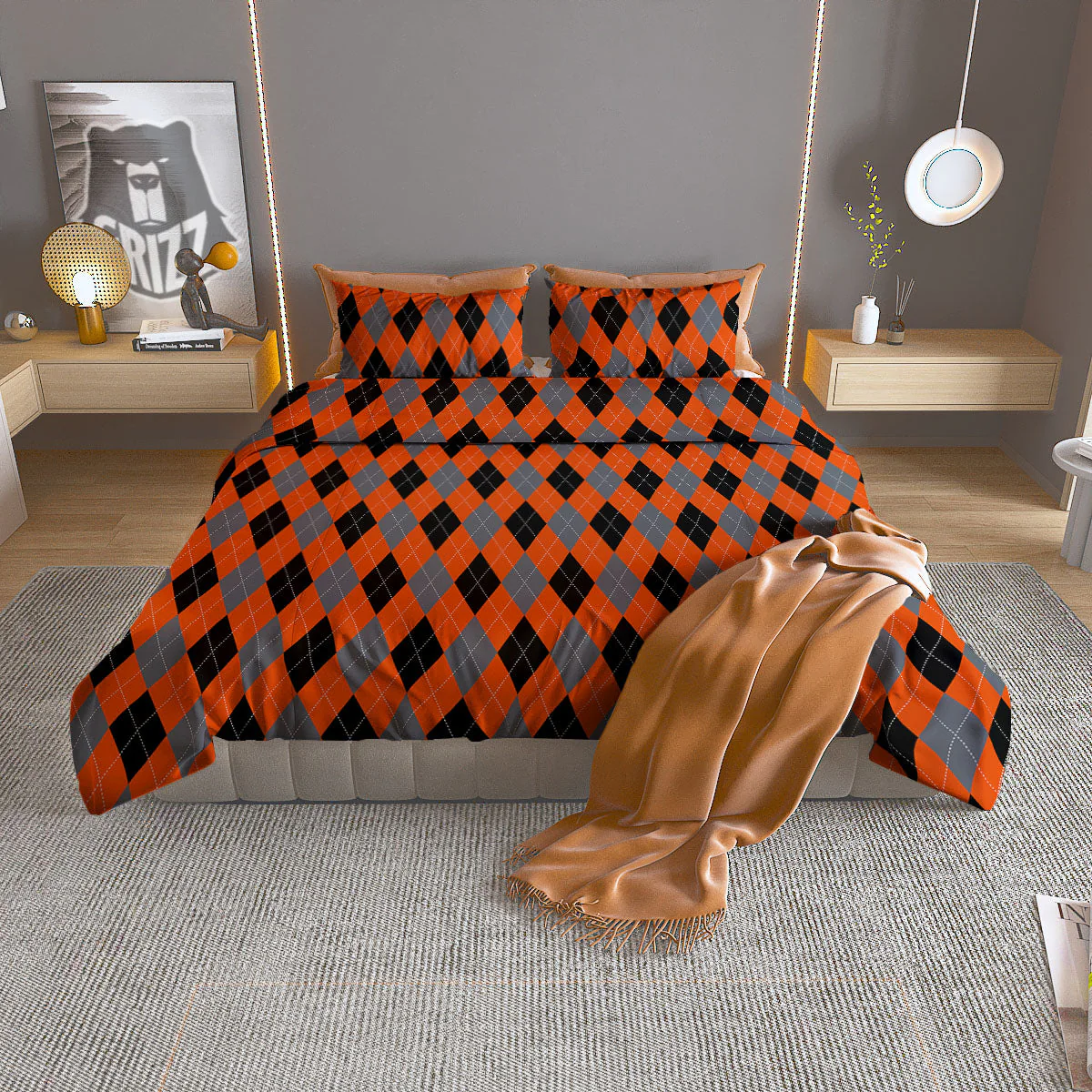 Black Orange And Grey Argyle Print Pattern Duvet Cover Bedding Set