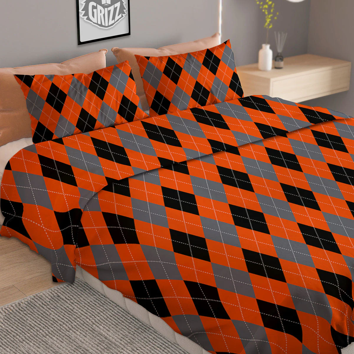 Black Orange And Grey Argyle Print Pattern Duvet Cover Bedding Set - Image 2