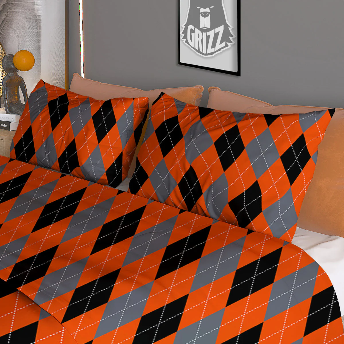 Black Orange And Grey Argyle Print Pattern Duvet Cover Bedding Set - Image 3