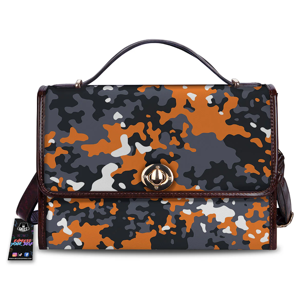 Black Orange And Grey Camouflage Print Women's Satchel Bag