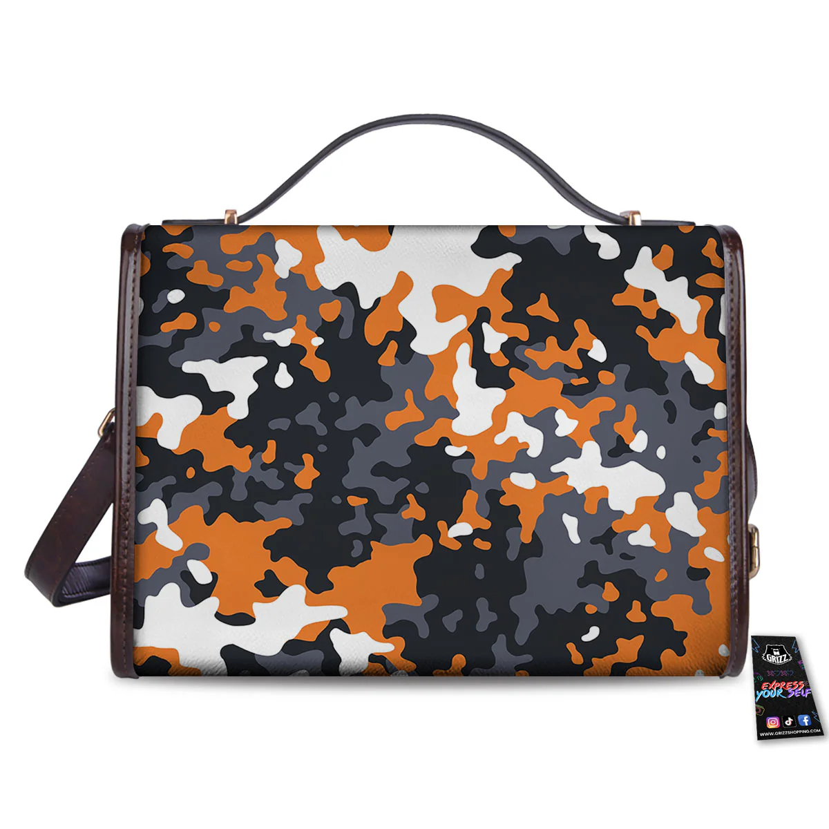 Black Orange And Grey Camouflage Print Women's Satchel Bag - Image 2