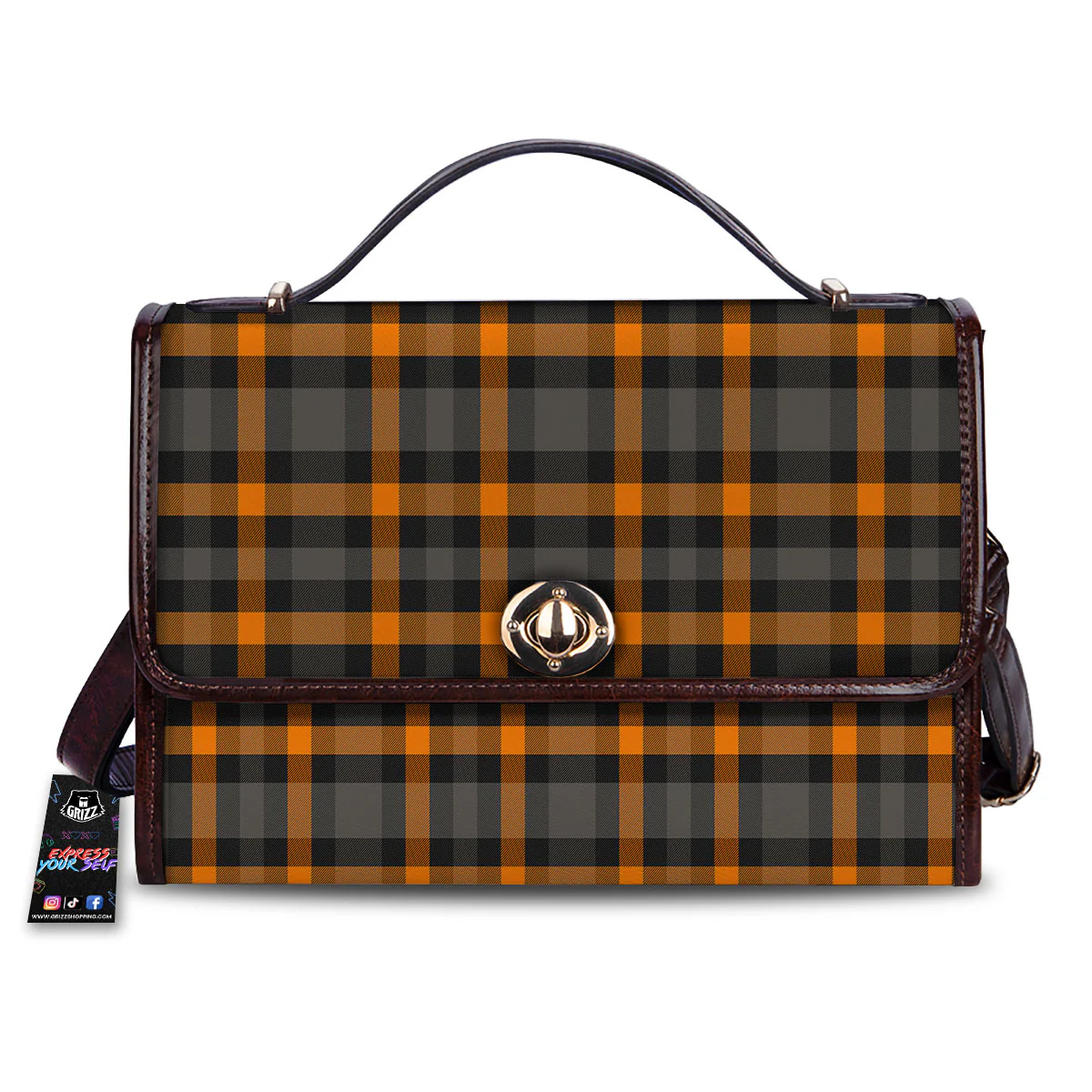Black Orange And Grey Plaid Print Pattern Women's Satchel Bag
