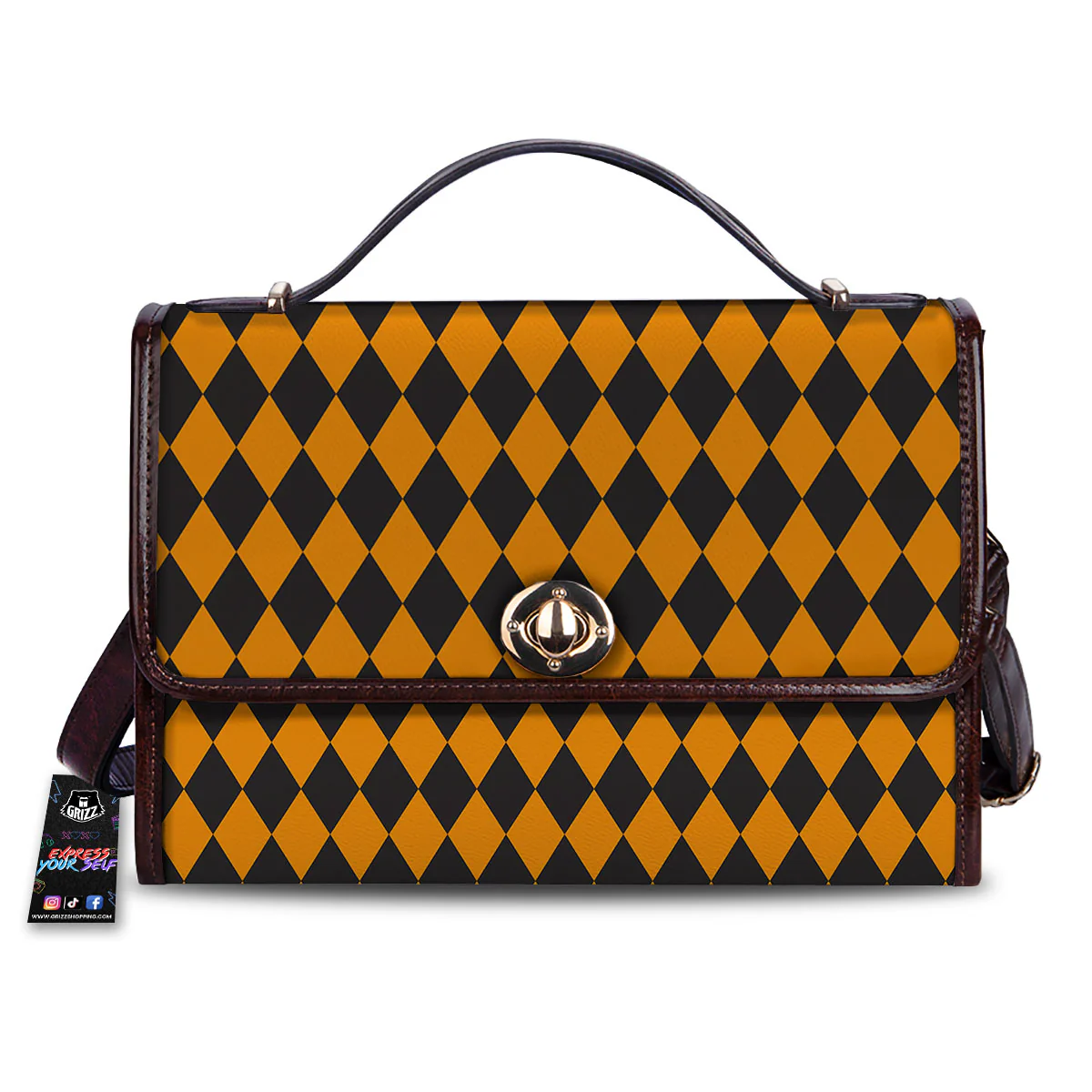 Black Orange And White Harlequin Print Women's Satchel Bag