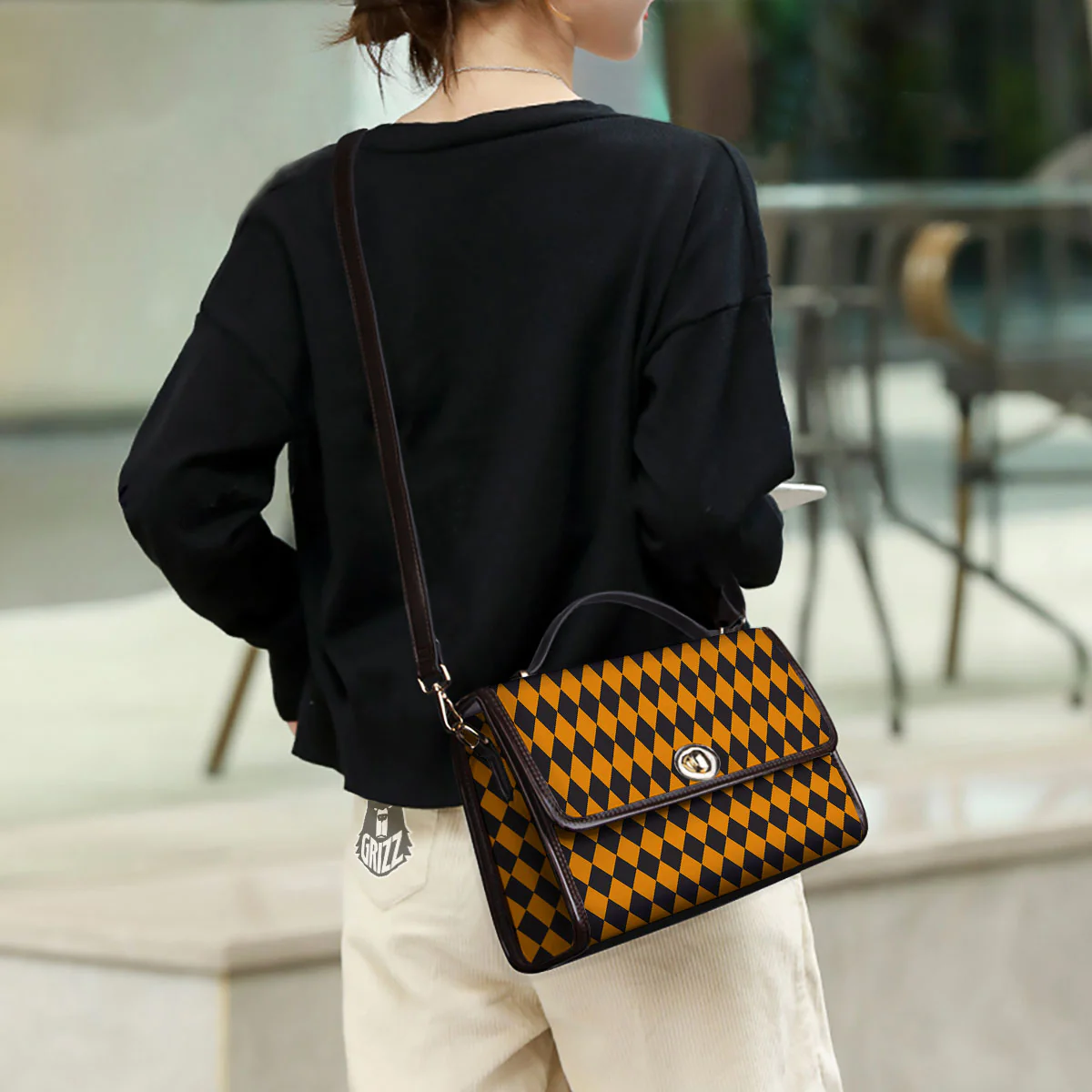 Black Orange And White Harlequin Print Women's Satchel Bag - Image 3