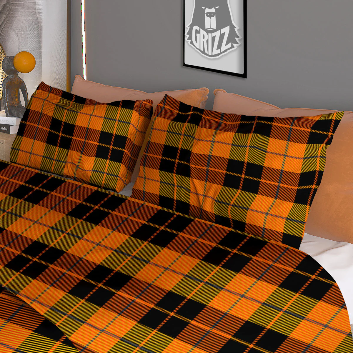 Black Orange And Yellow Tartan Print Pattern Duvet Cover Bedding Set - Image 3