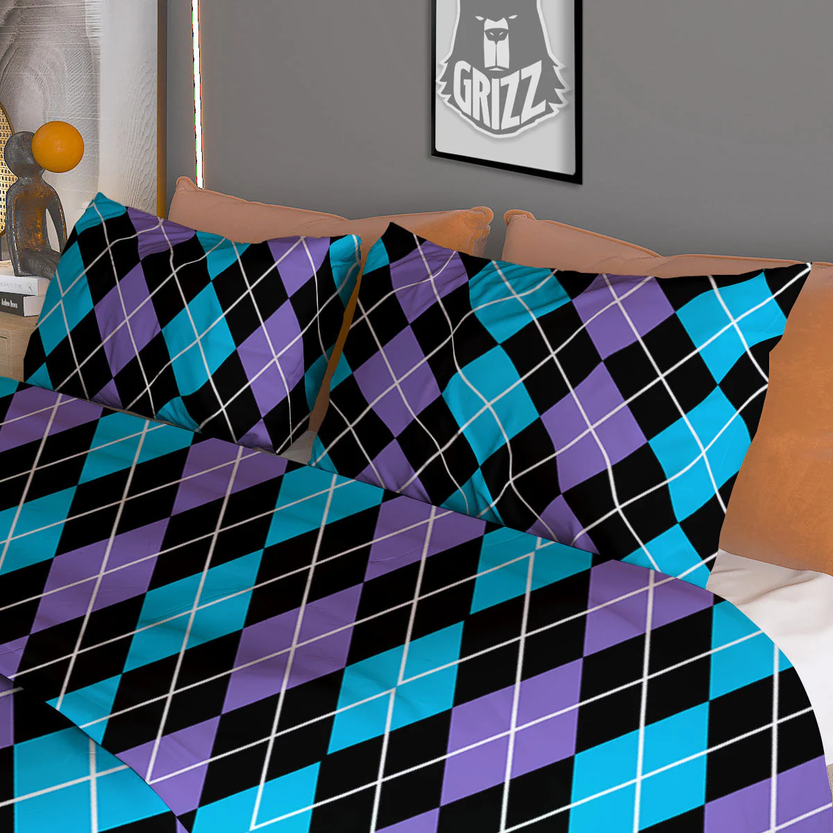 Black Purple And Blue Argyle Print Pattern Duvet Cover Bedding Set - Image 3