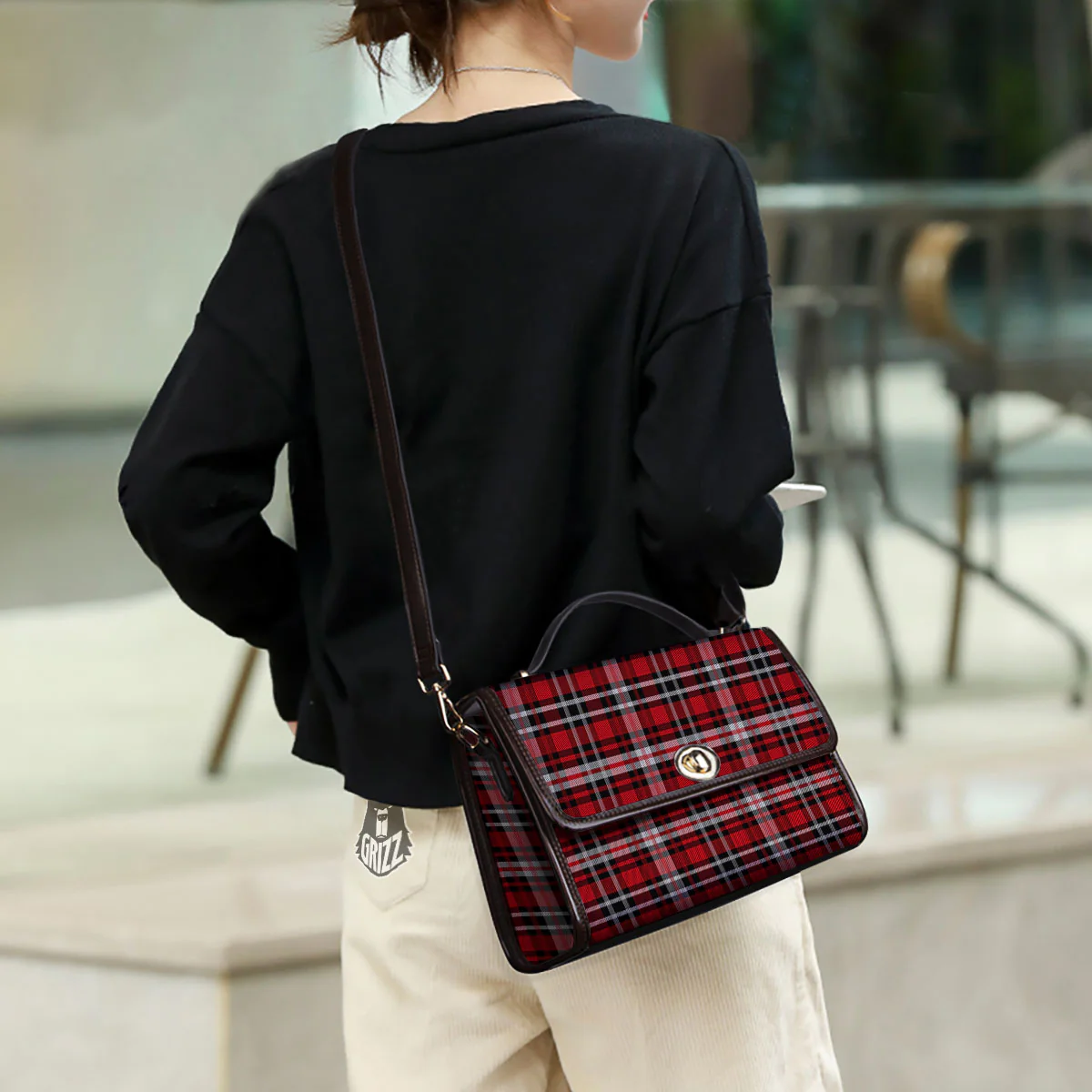 Black Red And White Tartan Print Pattern Women's Satchel Bag - Image 3