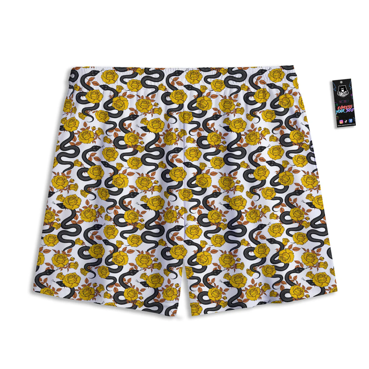 Black Snake And Gold Rose Print Pattern Mesh Shorts - Image 2