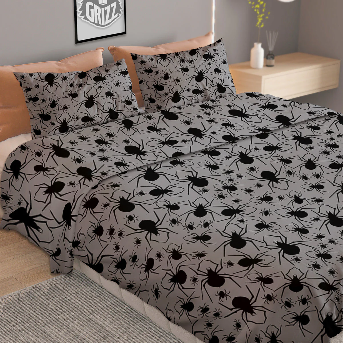 Black Spider And Grey Print Pattern Duvet Cover Bedding Set - Image 2