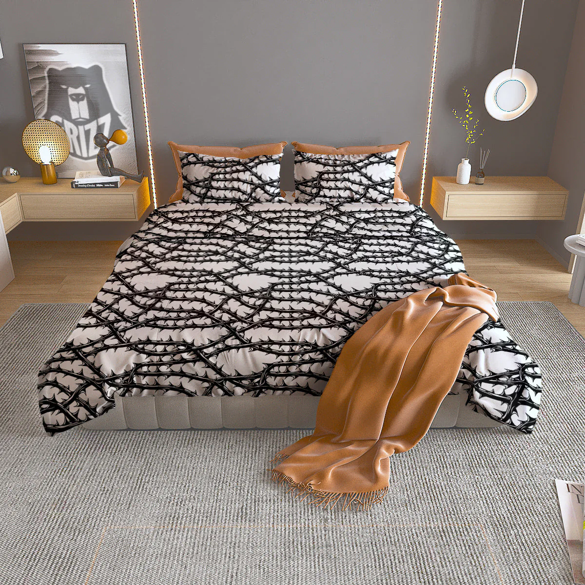 Black Thorn Horror Style Print Pattern Duvet Cover Bedding Set