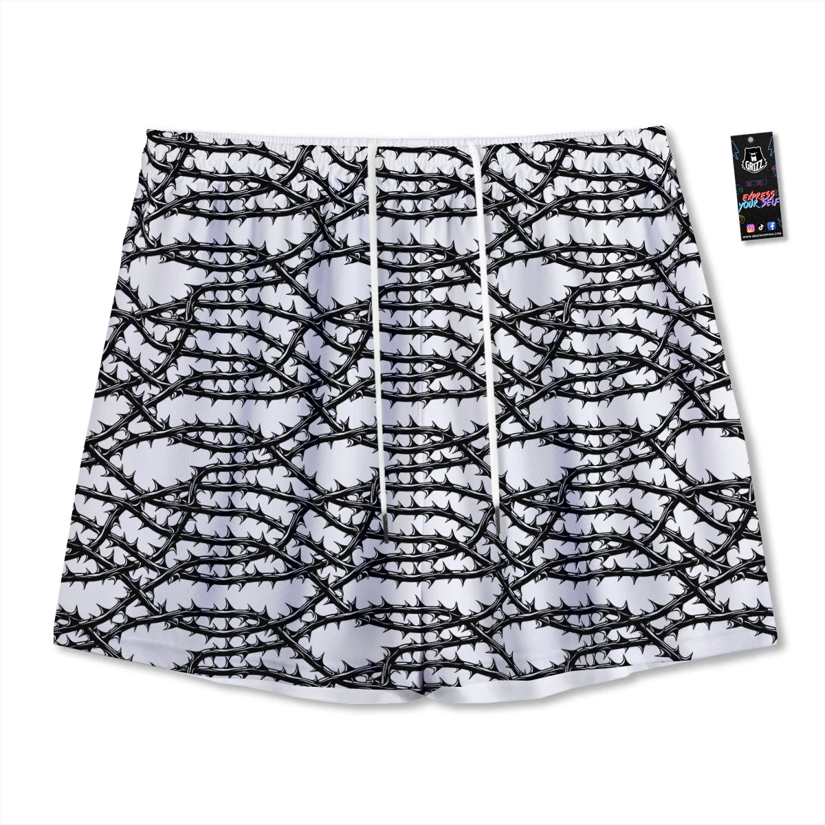 Black Thorn Horror Style Print Pattern Mesh Shorts