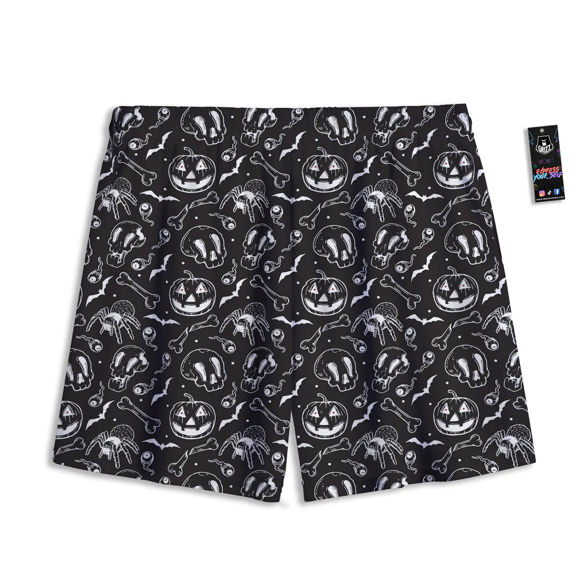 Black White Handdrawn Skull And Spider Print Pattern Mesh Shorts - Image 2