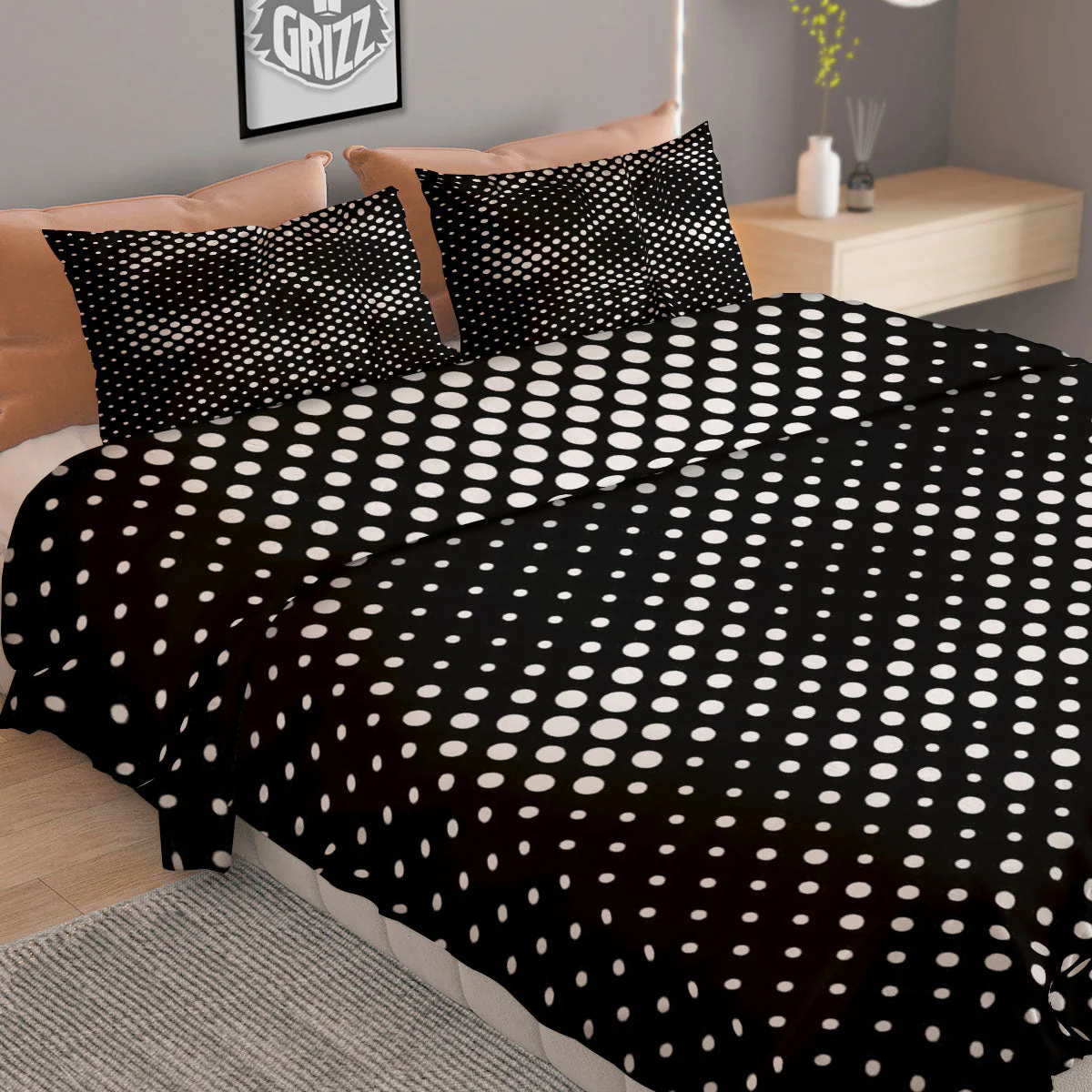 Black White Polka Dots Skull Print Duvet Cover Bedding Set - Image 2