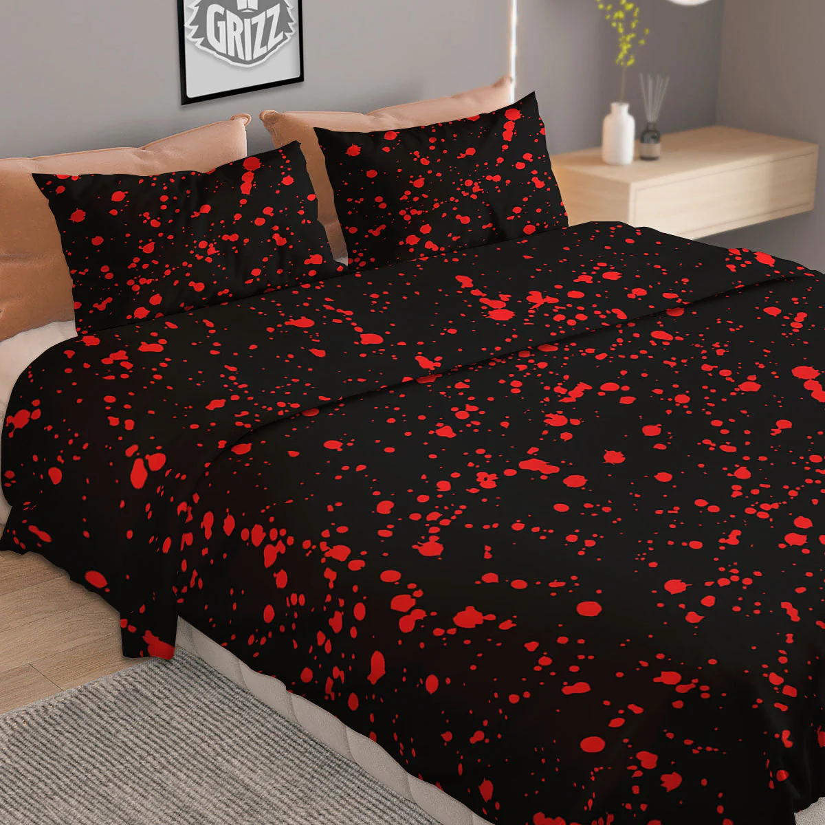 Blood Red Print Pattern Duvet Cover Bedding Set - Image 2