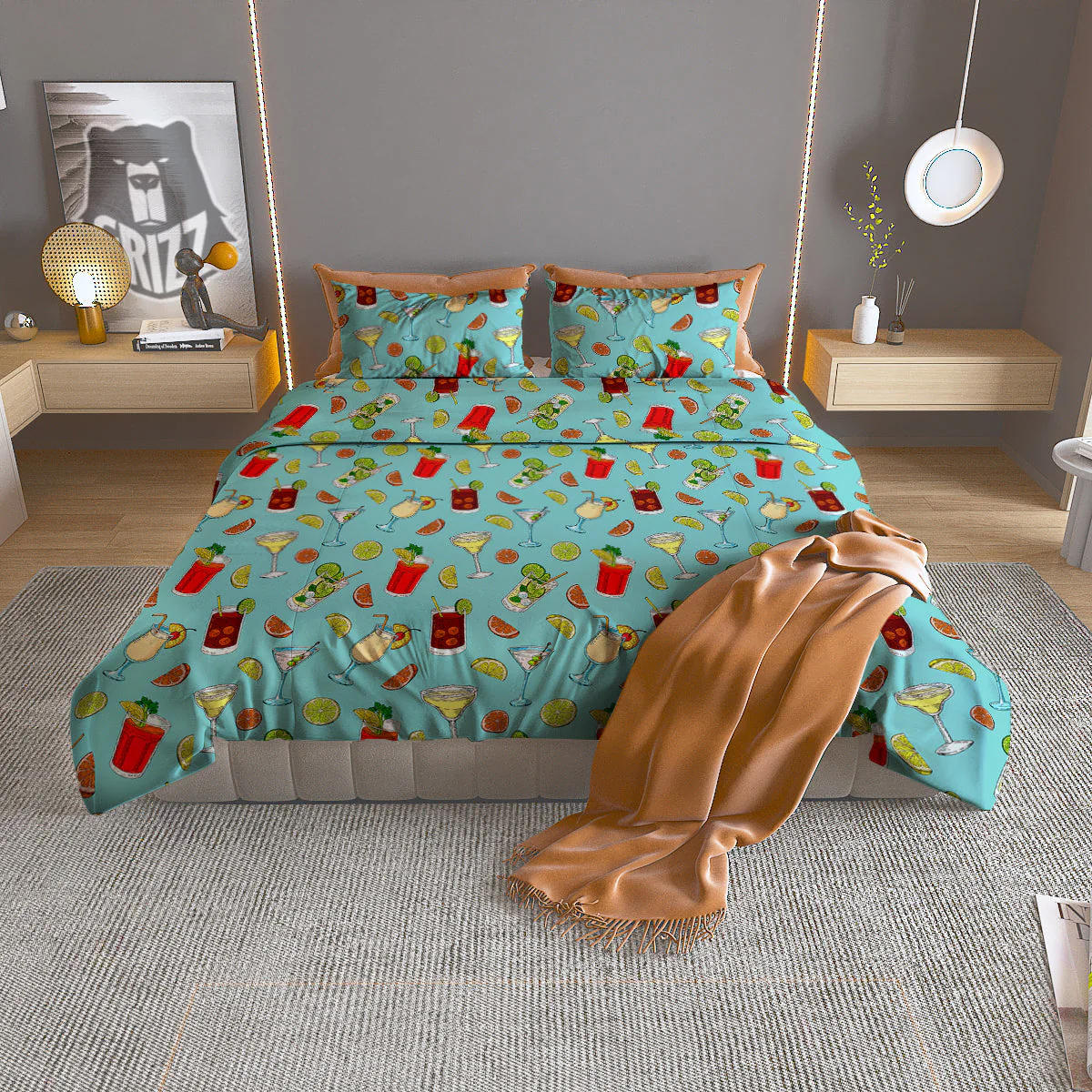 Blue And Cocktail Print Pattern Duvet Cover Bedding Set