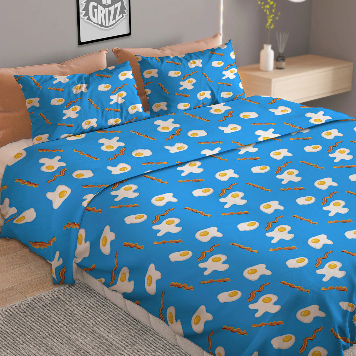 Blue Bacon And Fried Egg Print Pattern Duvet Cover Bedding Set - Image 2