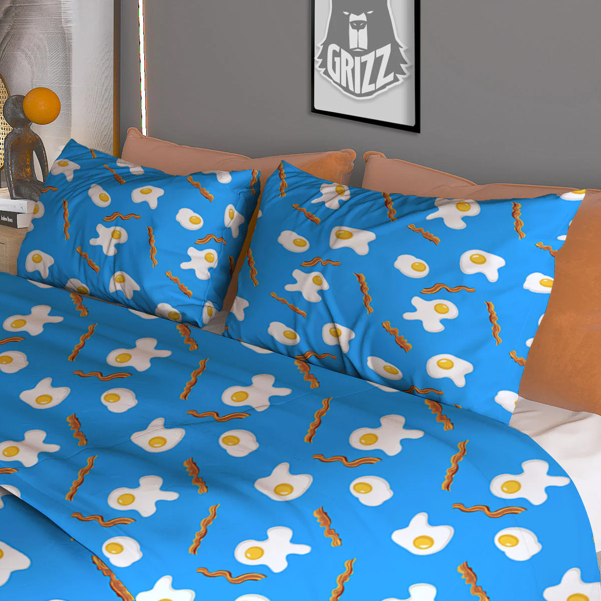 Blue Bacon And Fried Egg Print Pattern Duvet Cover Bedding Set - Image 3