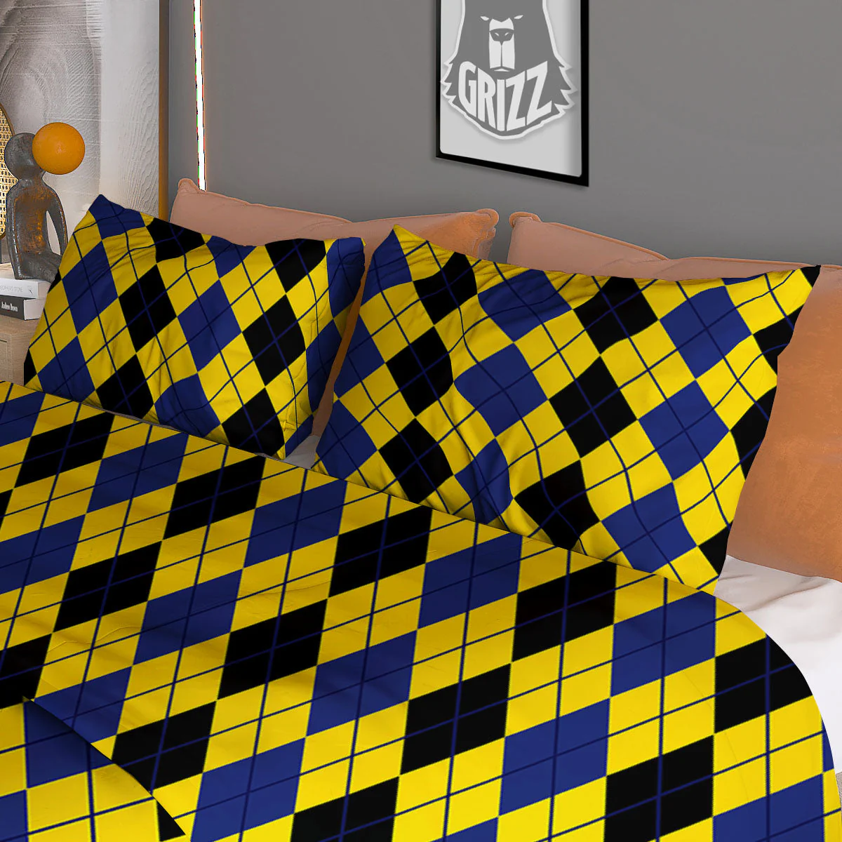 Blue Black And Yellow Argyle Print Duvet Cover Bedding Set - Image 3