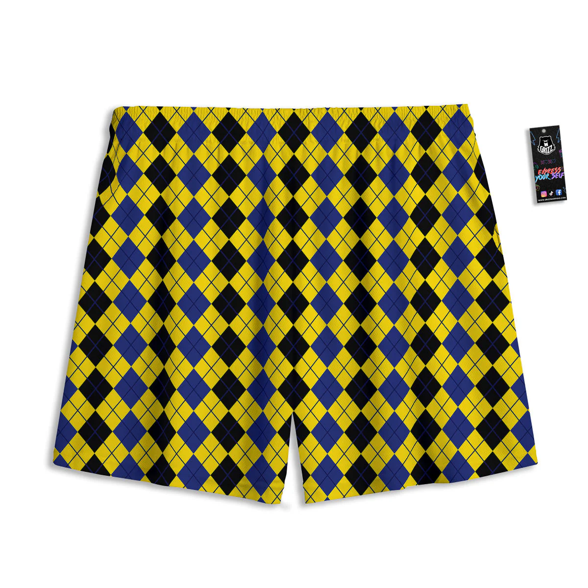 Blue Black And Yellow Argyle Print Mesh Shorts - Image 2