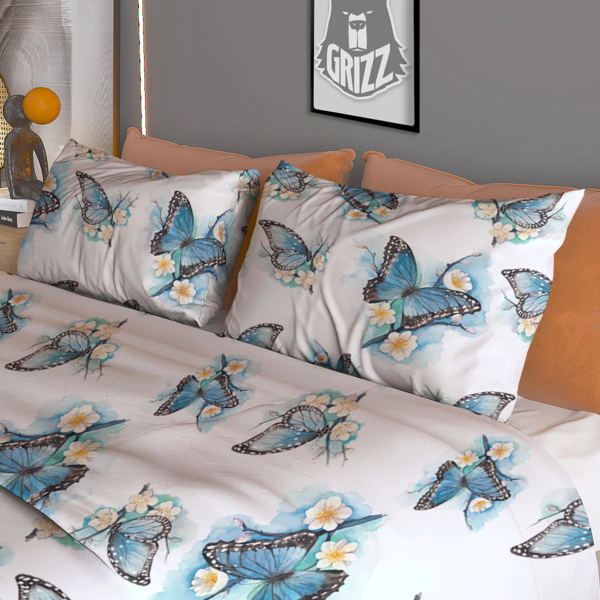 Blue Butterfly Blossom Print Pattern Duvet Cover Bedding Set - Image 3
