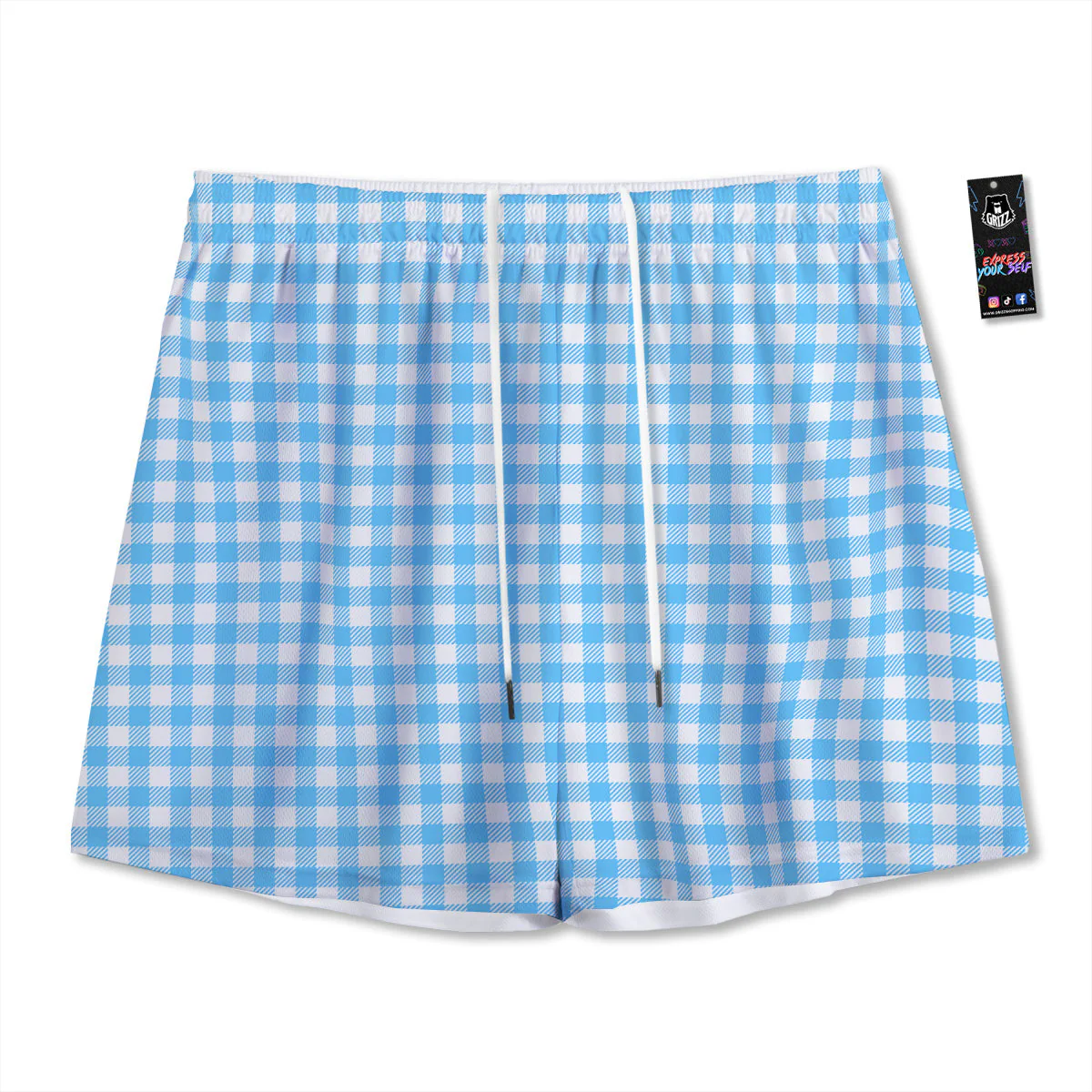 Blue Cyan And White Gingham Print Mesh Shorts