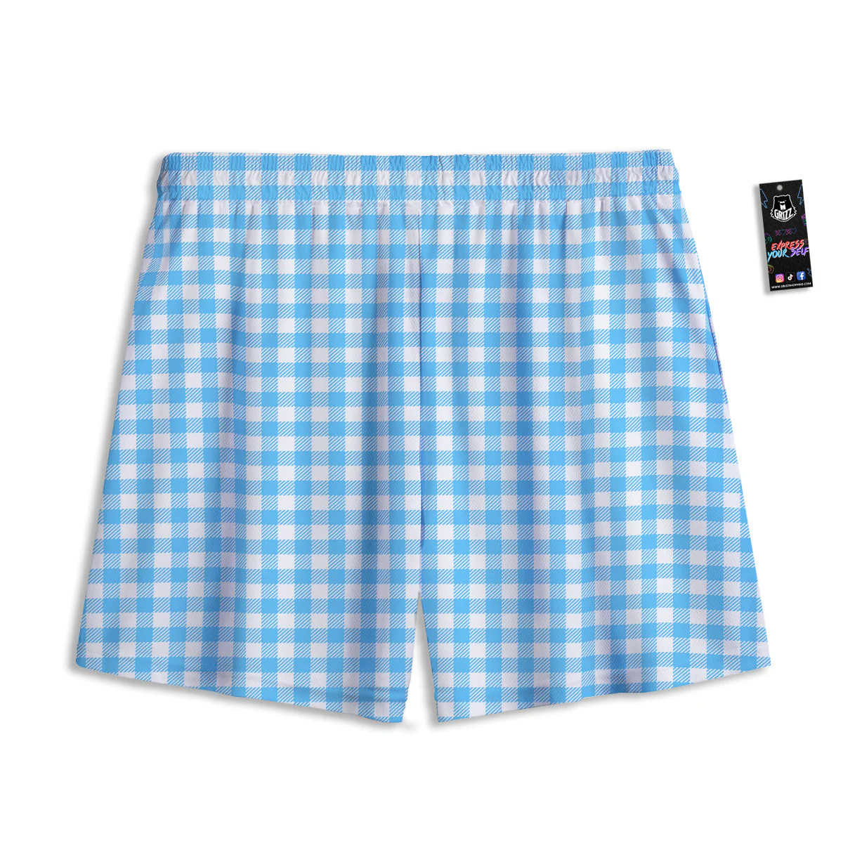 Blue Cyan And White Gingham Print Mesh Shorts - Image 2