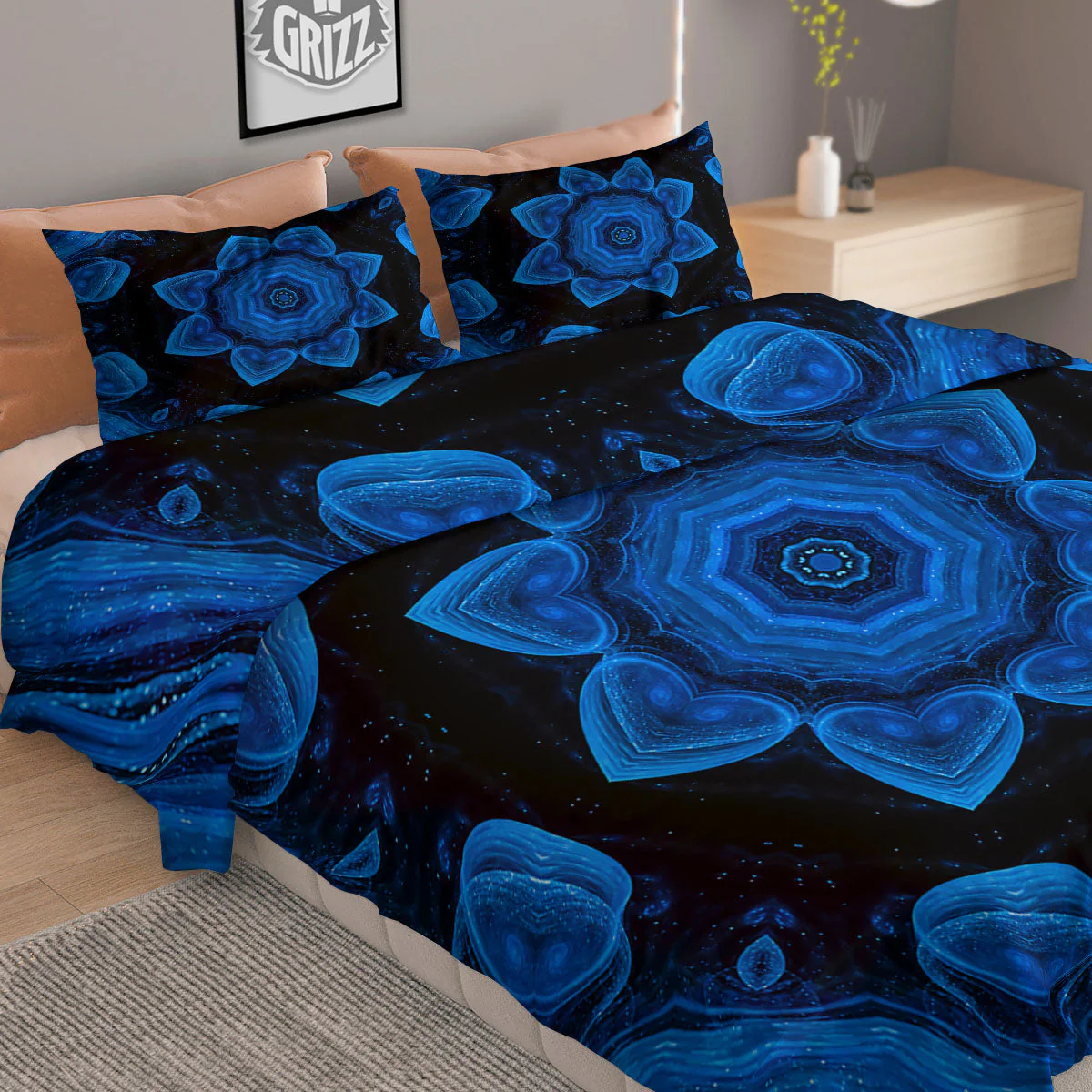 Blue Dark Kaleidoscope Print Duvet Cover Bedding Set - Image 2