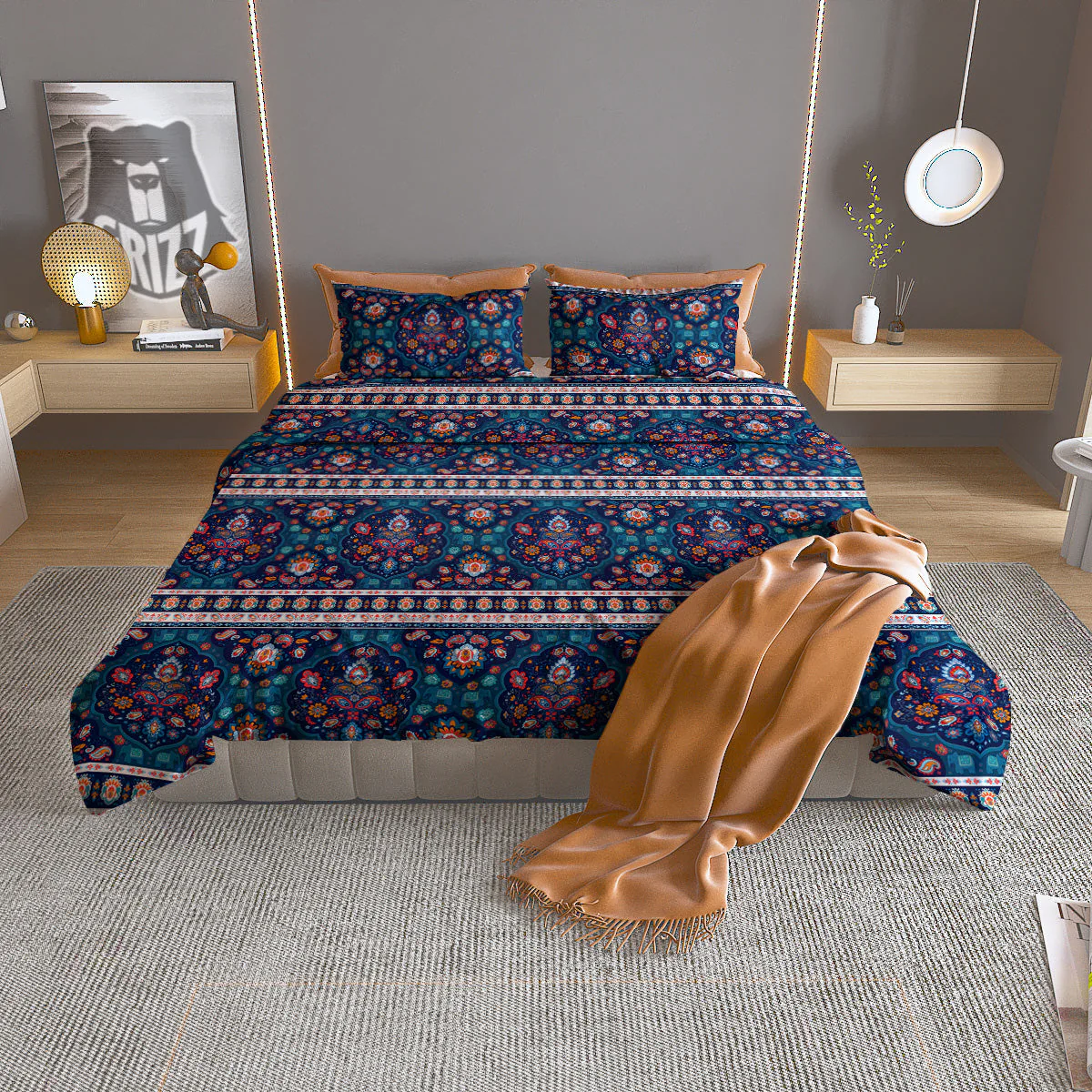 Blue Ethnic Mandala Print Pattern Duvet Cover Bedding Set