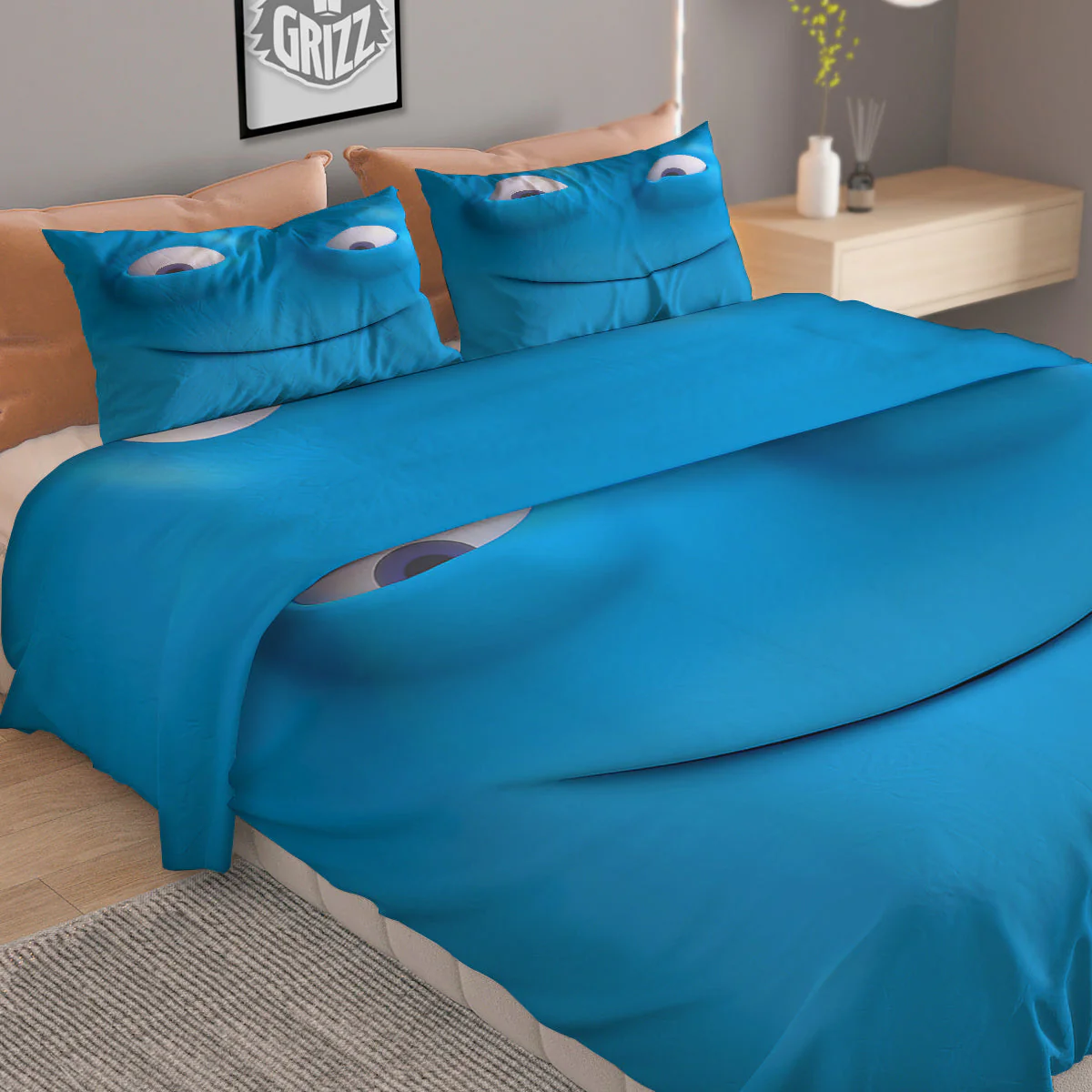 Blue Face Cartoon Emoticon Character Print Duvet Cover Bedding Set - Image 2