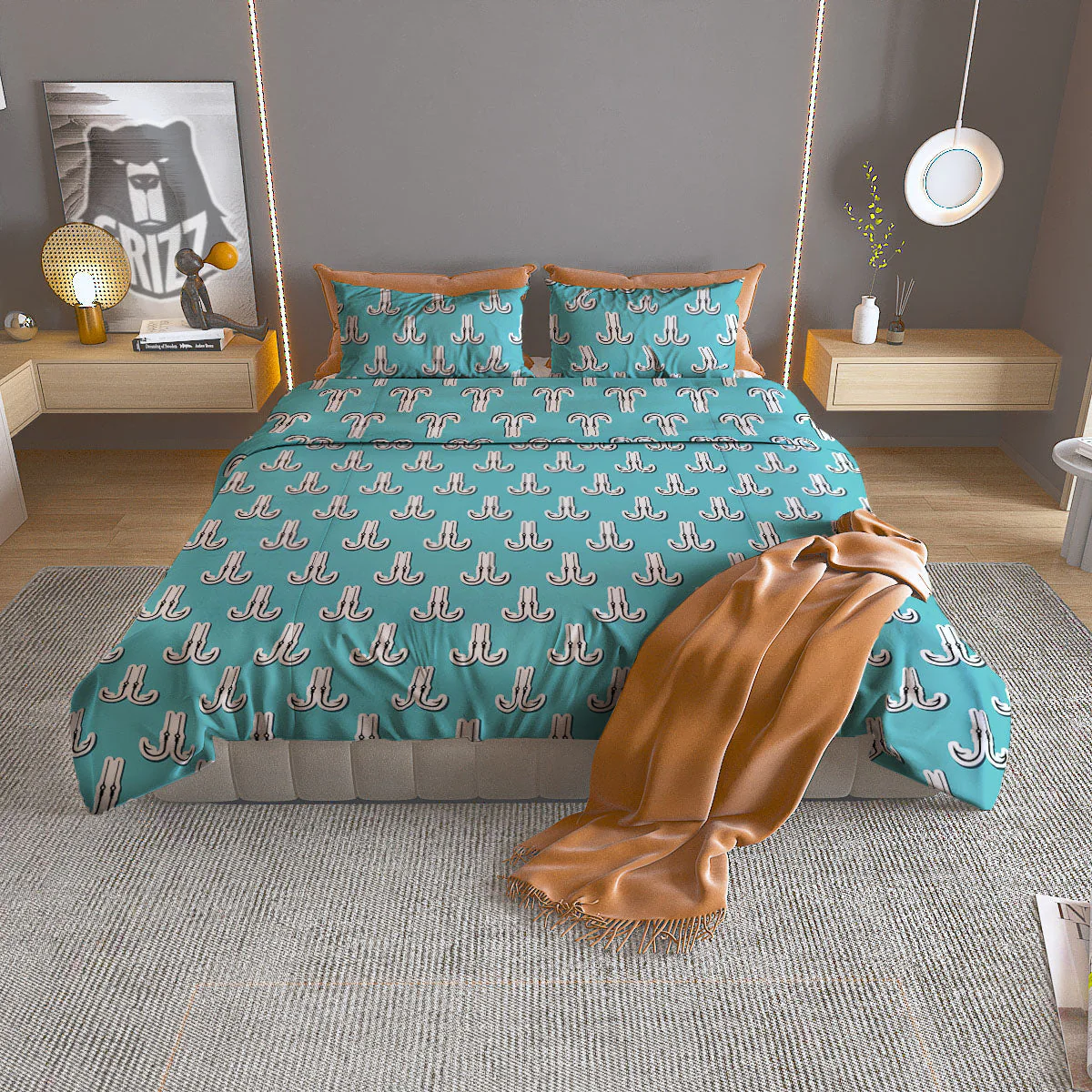 Blue Fish Hook Print Pattern Duvet Cover Bedding Set