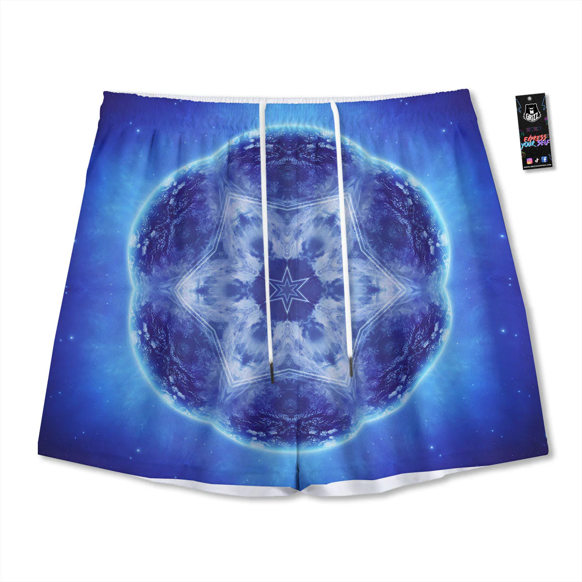 Blue Fractal Kaleidoscope Print Mesh Shorts