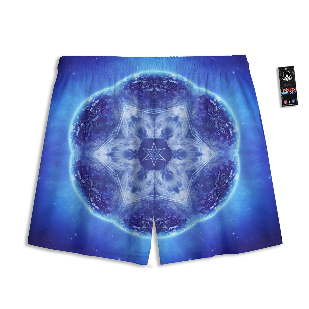 Blue Fractal Kaleidoscope Print Mesh Shorts - Image 2